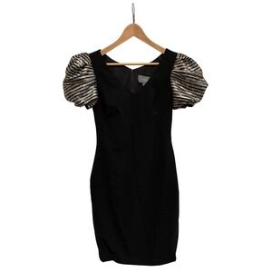 THEIA Black Sheath Dress‎ 4 Metallic Gold Silver Sequin Puff Sleeve Cocktail